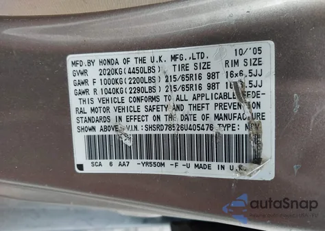 2006 Honda Cr-V Lx z USA, uszkodzony, nr VIN SHSRD78526U405476